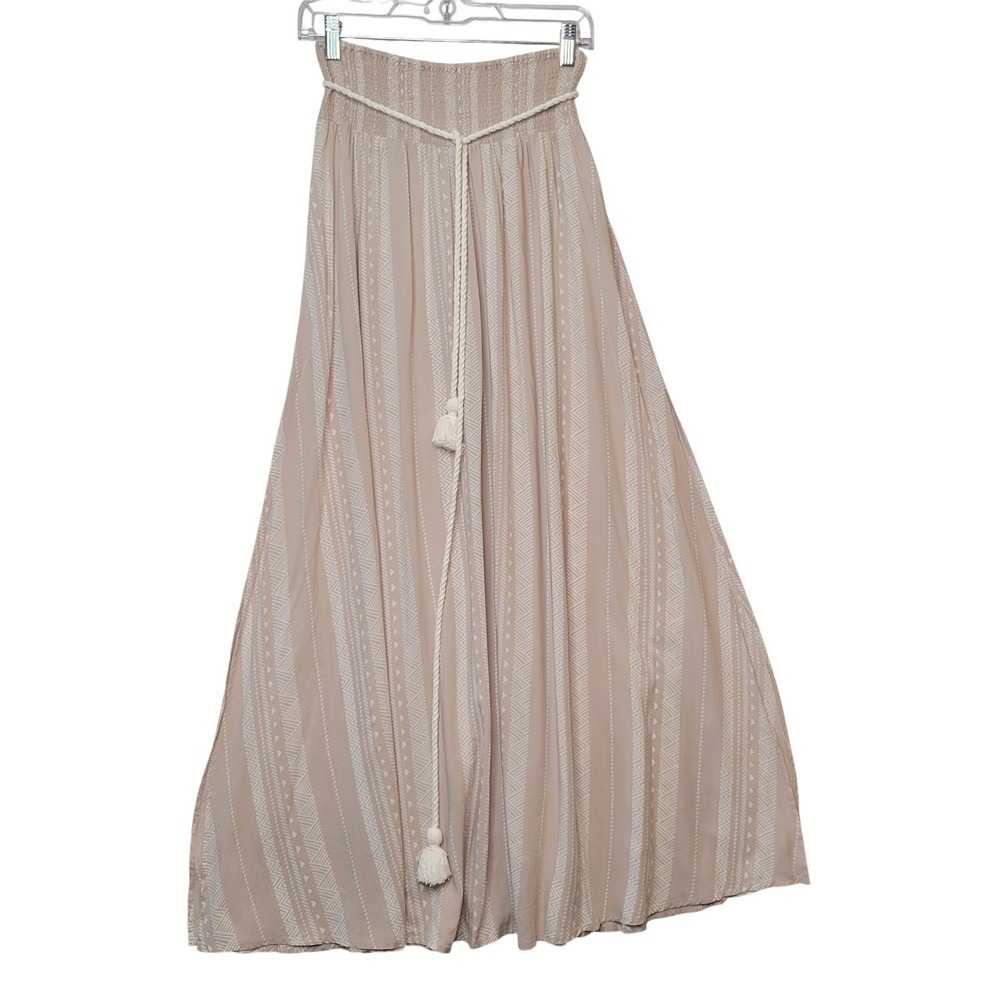Forever 21 Women's Large Maxi Skirt Beige White Geometric Smocked Waist Boho Flo - Picture 2 of 16